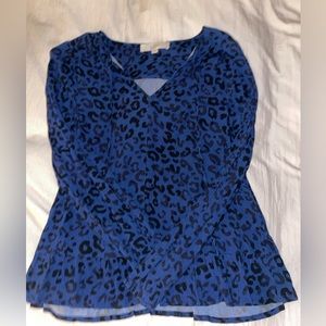 Blue & Black Leopard Print Tie Neck Blouse Small